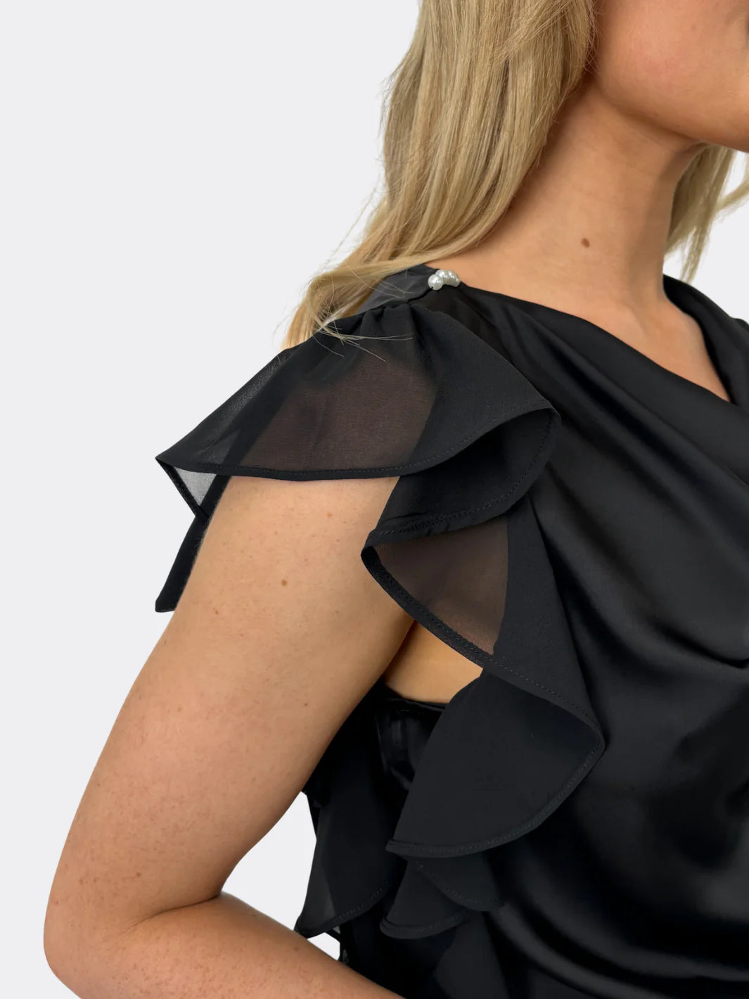 Kate And Pippa Black Riley sleeveless lack topTop with Chiffon Frill