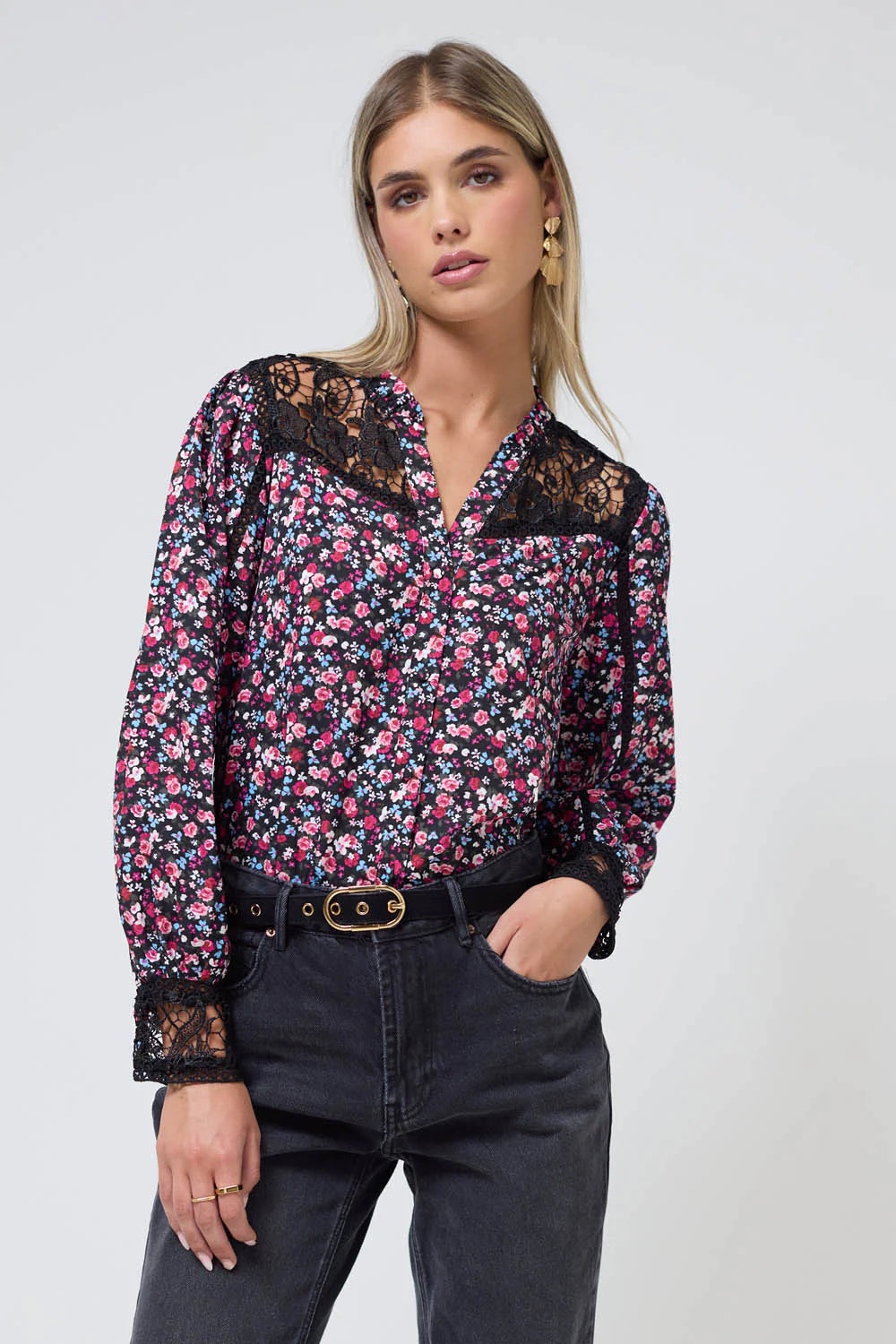 Celina Floral Print Long Sleeve Button-Up Blouse in Pink with black lace panels