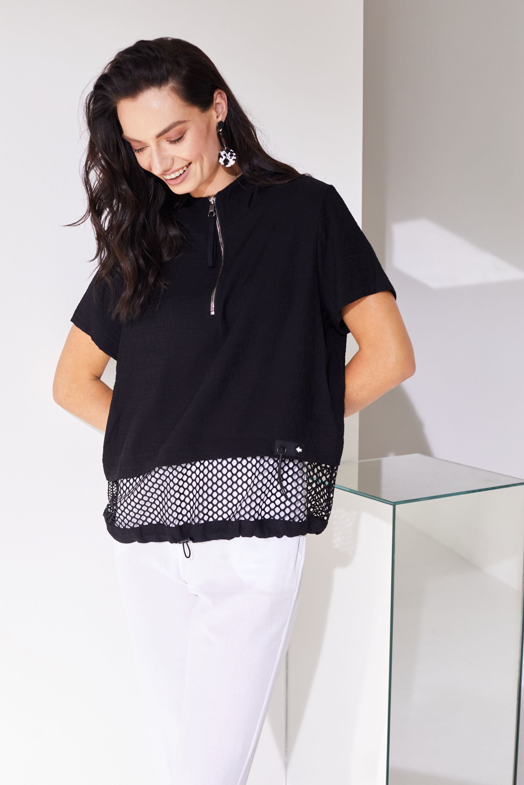 Naya Black Zip neck top with Mesh Panel Nas24116