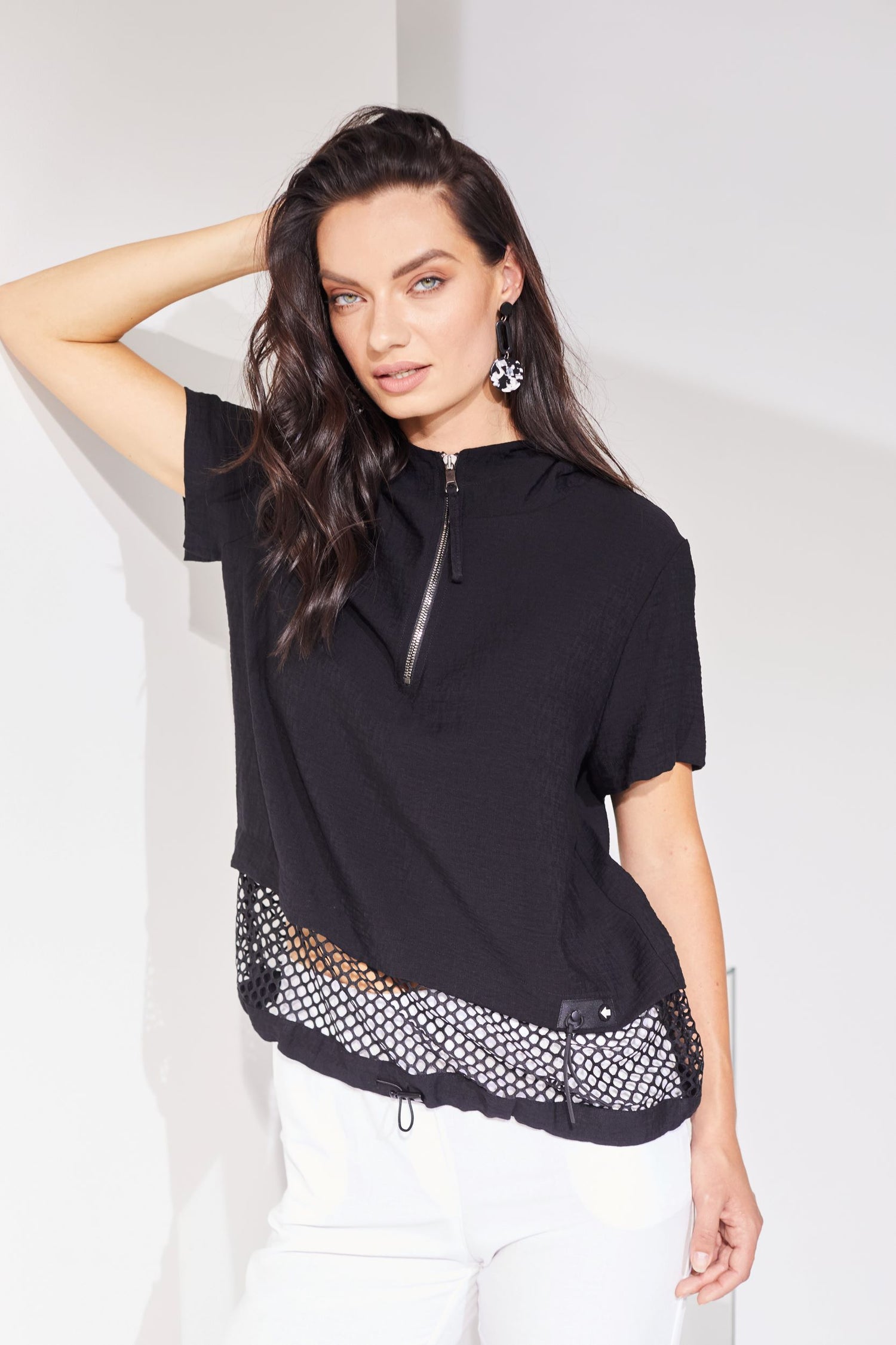 Naya Black Zip neck top with Mesh Panel Nas24116