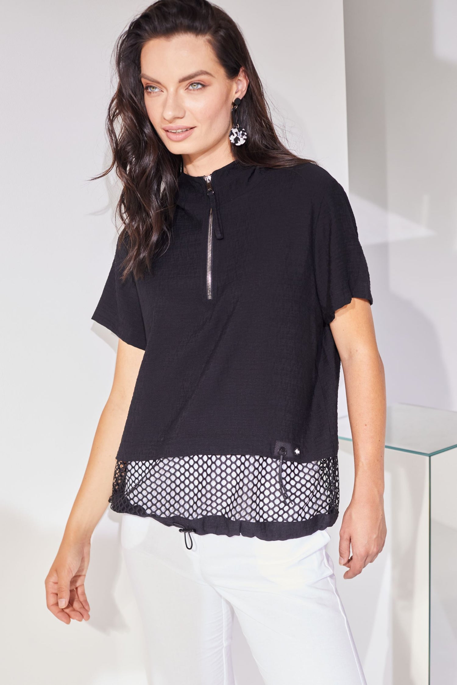 Naya Black Zip neck top with Mesh Panel Nas24116