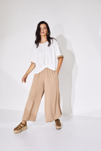 Naya Summer wide leg trousers with elastic waist. Tan  Nas24274