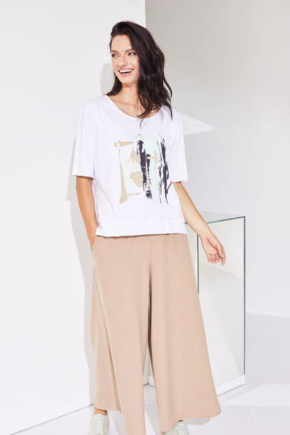 Naya Summer wide leg trousers with elastic waist. Tan  Nas24274