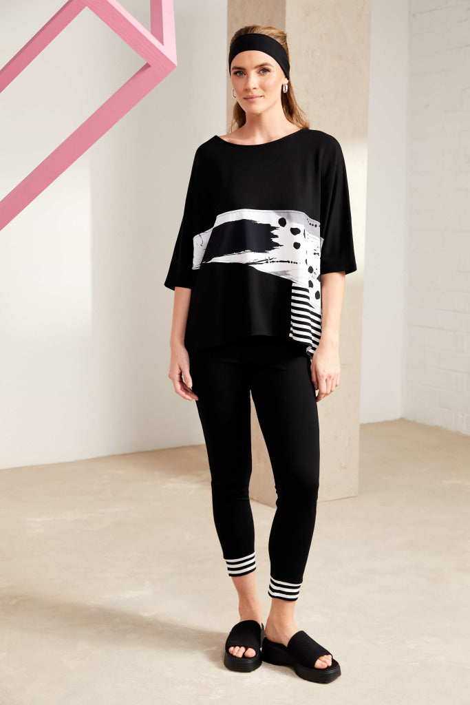 Naya Round neck top with stripe and print panels in black and white Nas25128