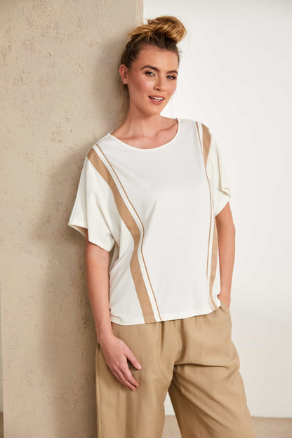 Naya Round neck cream top with fudge vertical panels  Nas25191