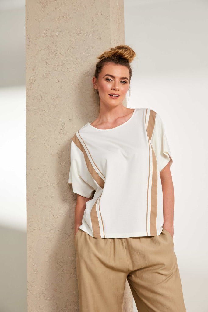 Naya Round neck cream top with fudge vertical panels  Nas25191