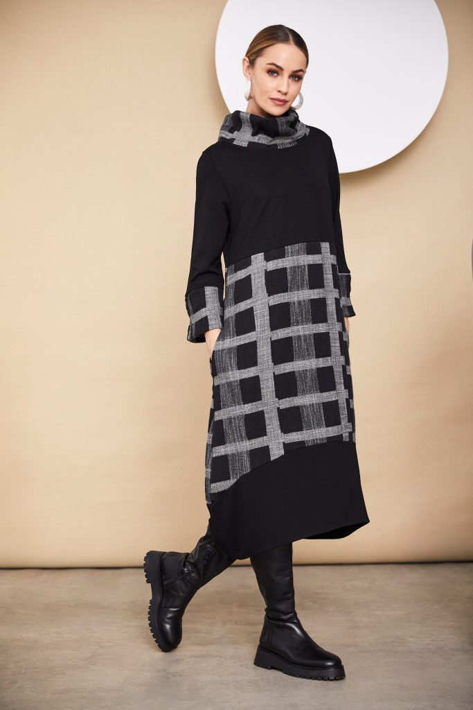 Naya Black Midi Dress with contrast pattern panels. Naw24214