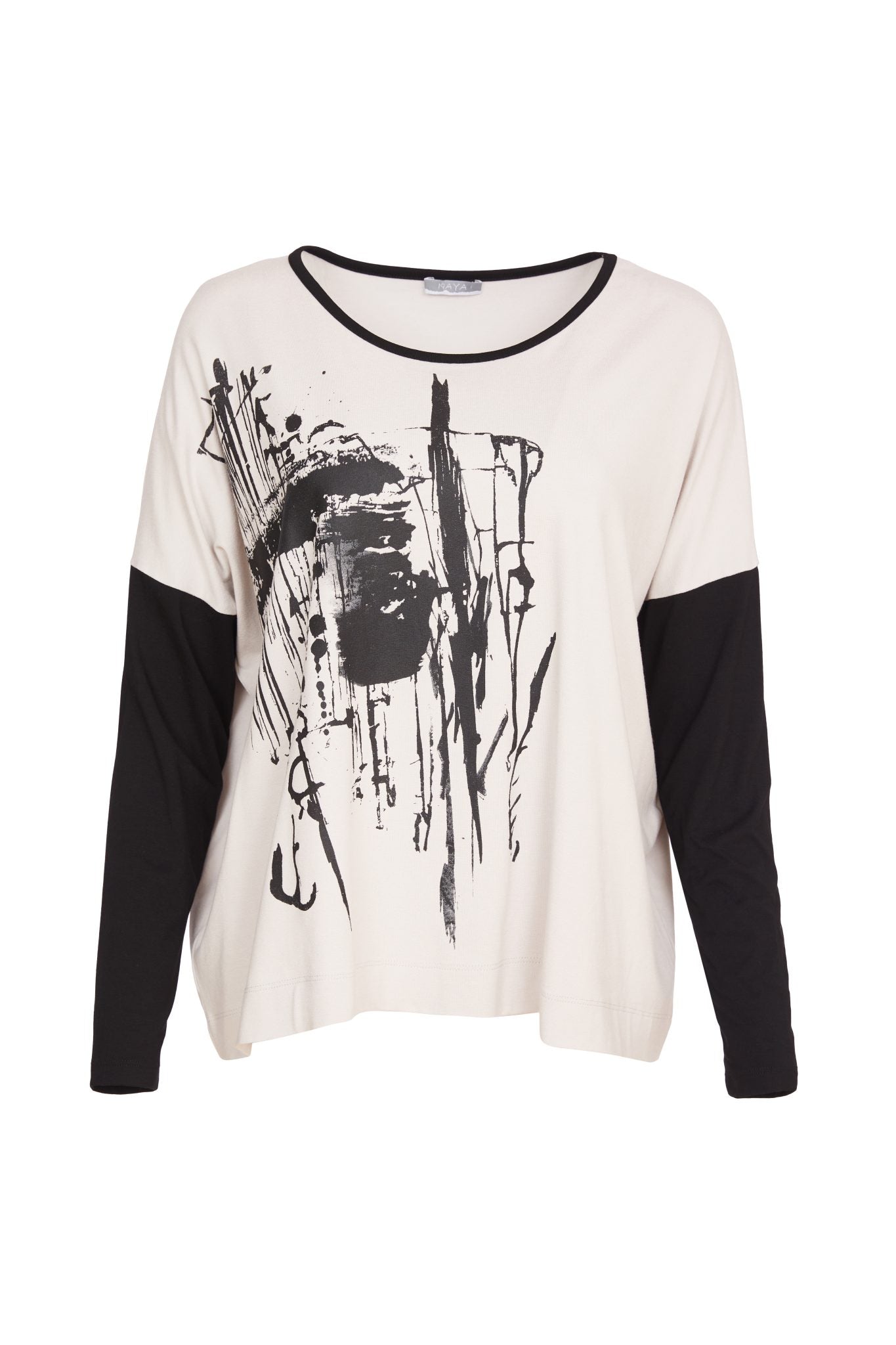 Naya Placement print top with contrast sleeve. Forest or Sand Naw24277