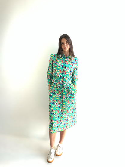 Green Geo print Shirt dress with pockets and belt