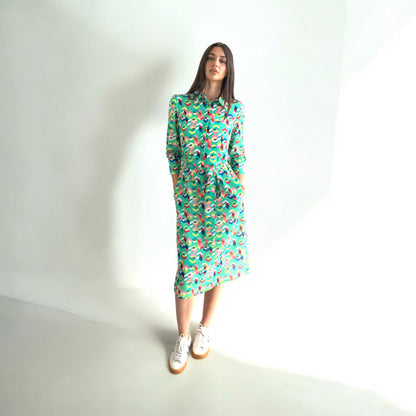 Green Geo print Shirt dress with pockets and belt