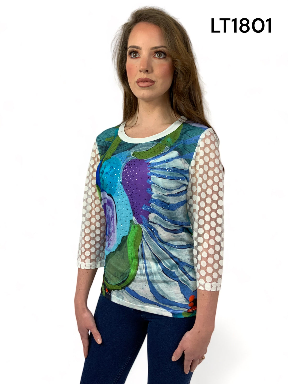 Libra Blue and Purple print Top with mesh sleeves Lt1801