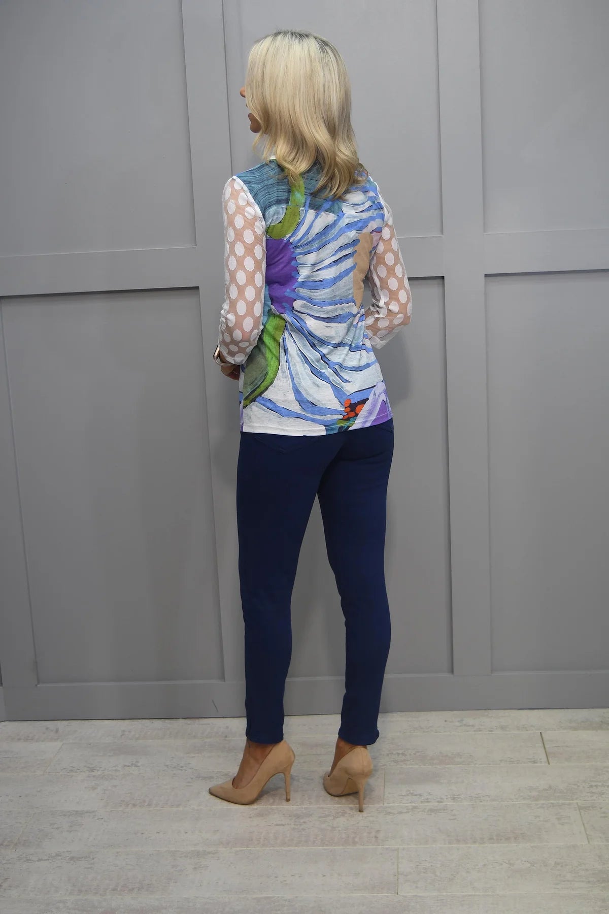 Libra Blue and Purple print Top with mesh sleeves Lt1801