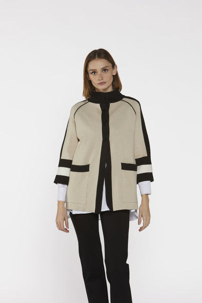 High neck Poncho/Jacket in Stone with black stripe detail.