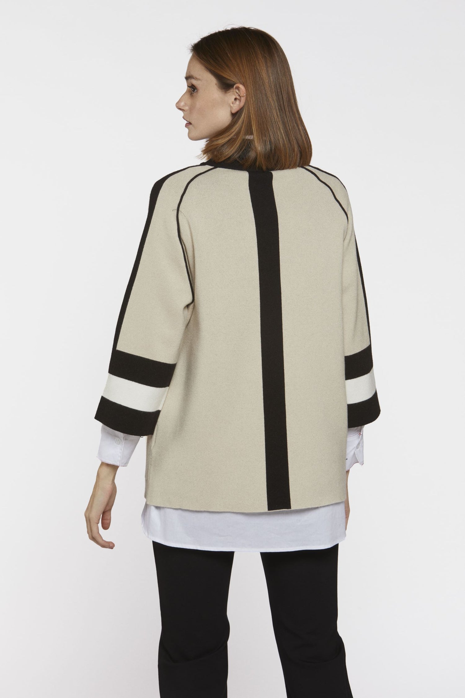 High neck Poncho/Jacket in Stone with black stripe detail.