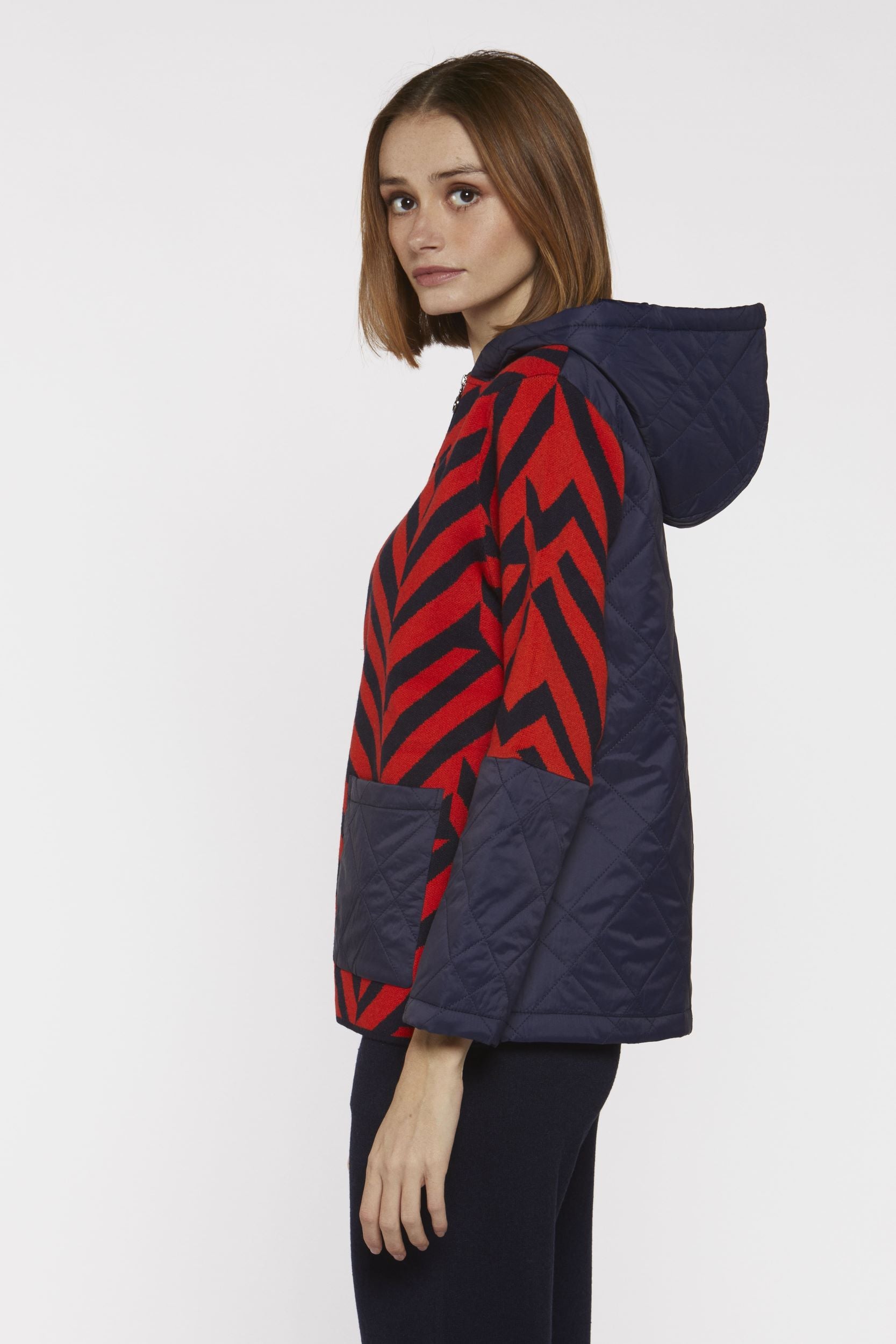 Navy and Orange Zig Zag Print Jacket with padded back and hood