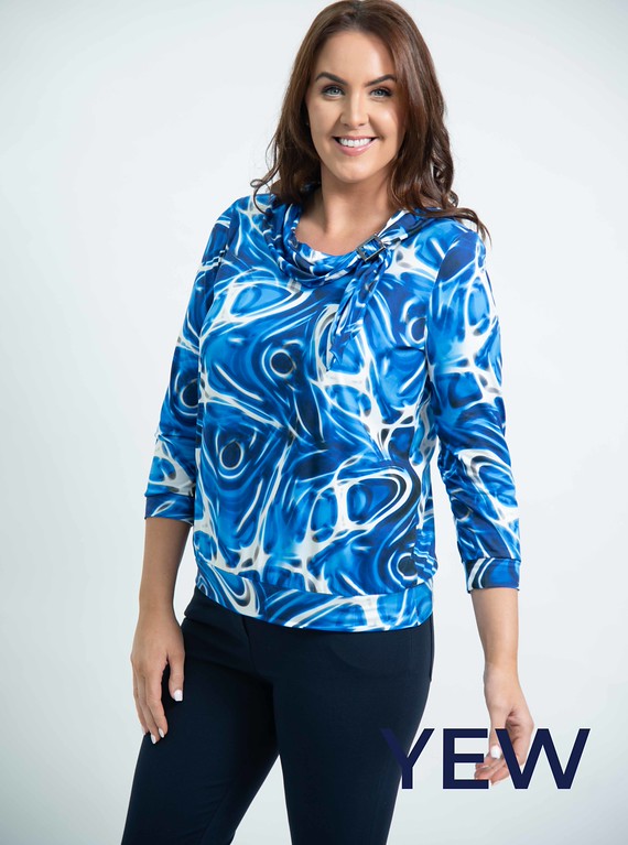 Yew Top with draping neckline and brooch detail in Royal Blue print Yew25 2