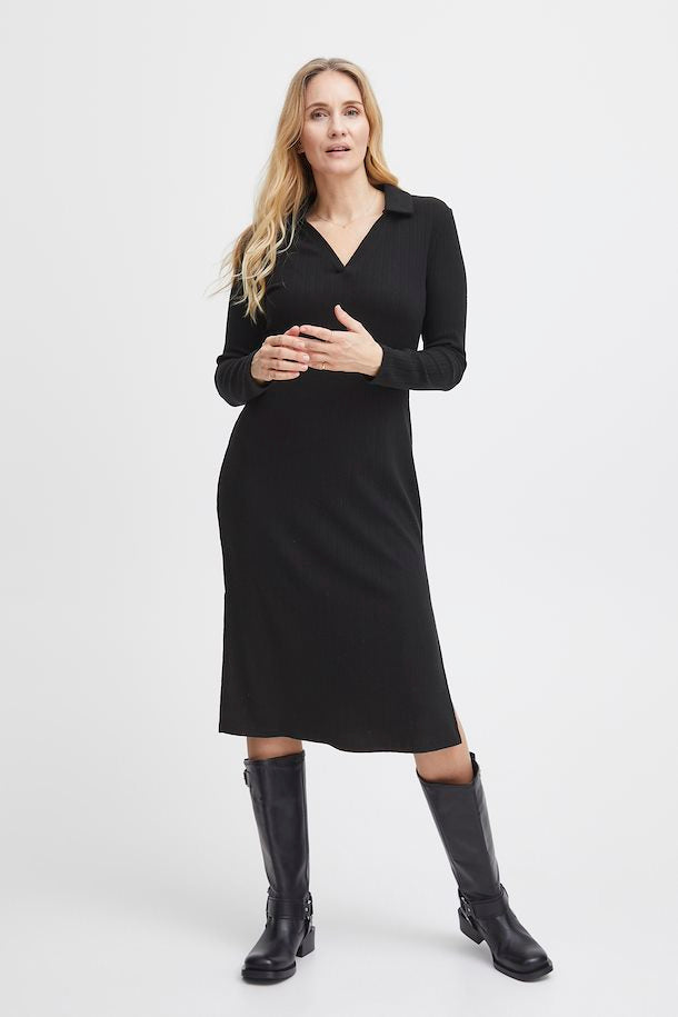 Fransa Black Ribbed dress knit 20612502 with – DBiggins collar