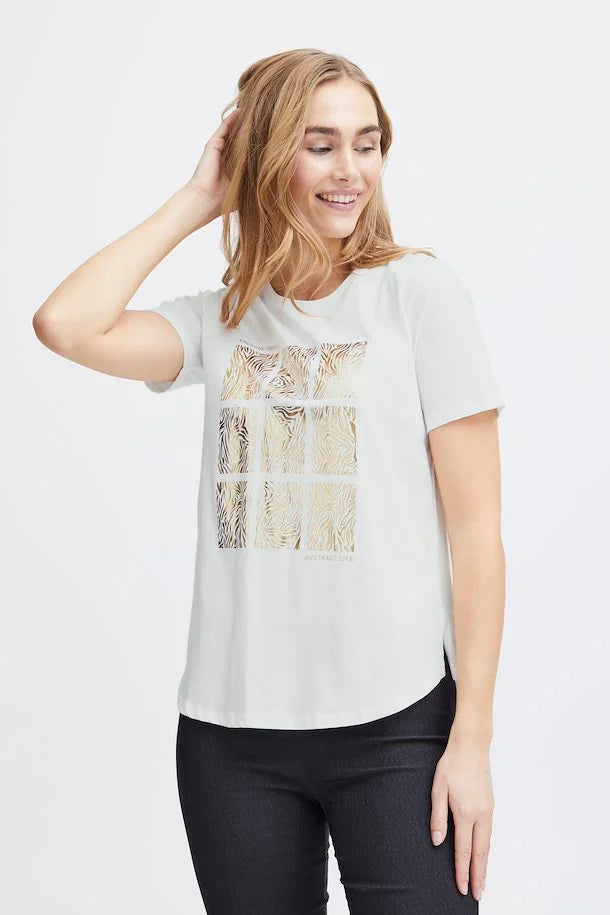 Fransa Cotton T Shirt with Foil Print. Grey or White 0613436