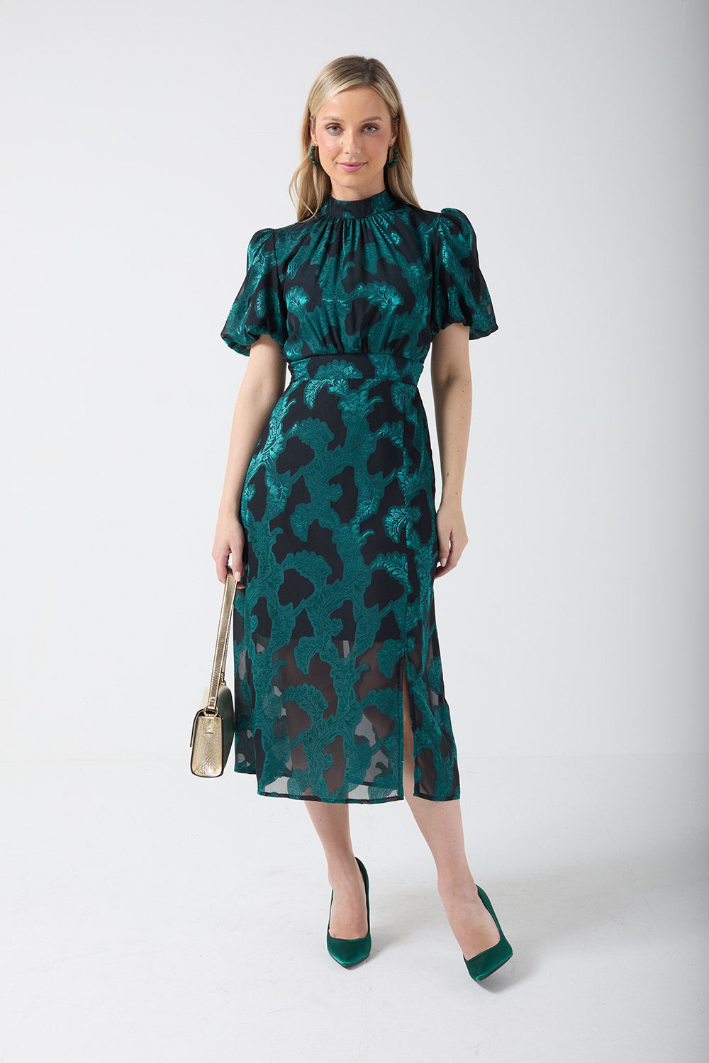 Gina Puff sleeve dress in Green Brocade