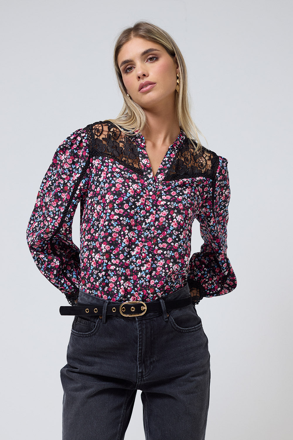 Celina Floral Print Long Sleeve Button-Up Blouse in Pink with black lace panels