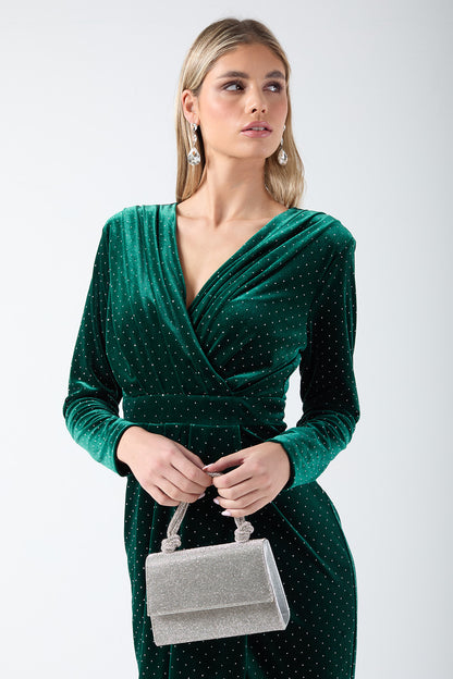 Millicent Velvet Midi Dress with Sparkle in Green