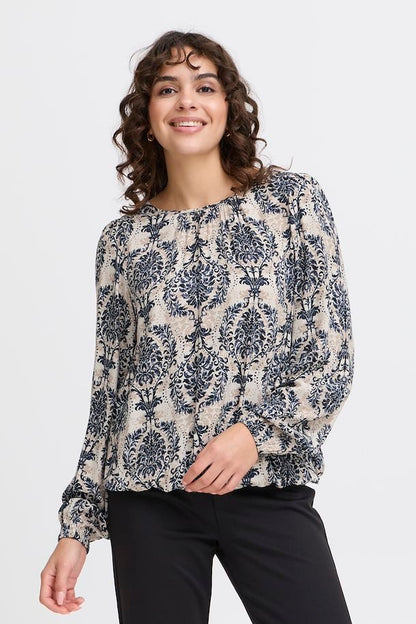 Fransa Vintage print Long Sleeve Blouse in Navy