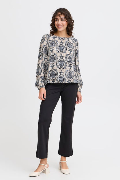 Fransa Vintage print Long Sleeve Blouse in Navy