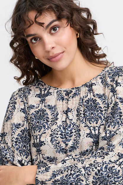 Fransa Vintage print Long Sleeve Blouse in Navy