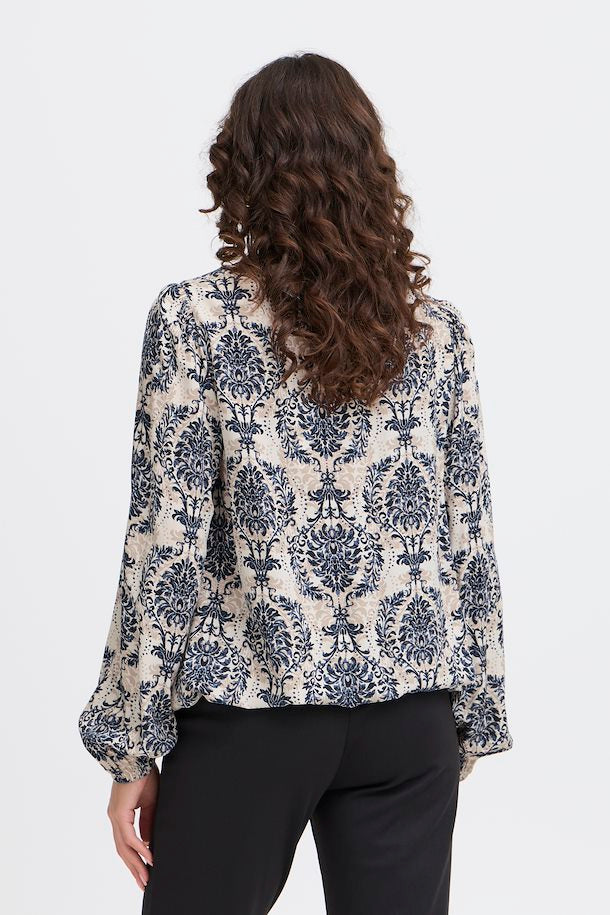 Fransa Vintage print Long Sleeve Blouse in Navy