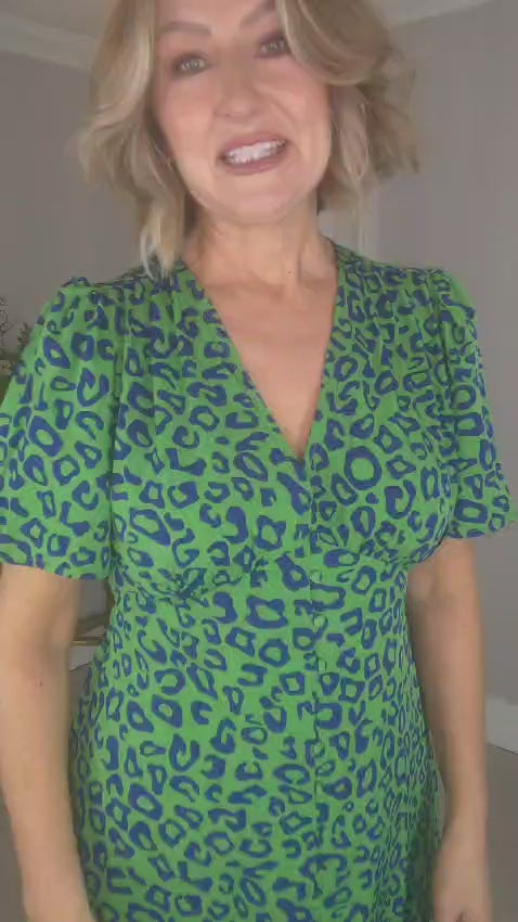 Amber Green and navy animal Print V neck button through Midi Dress