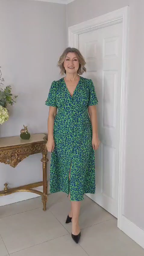 Amber Green and navy animal Print V neck button through Midi Dress