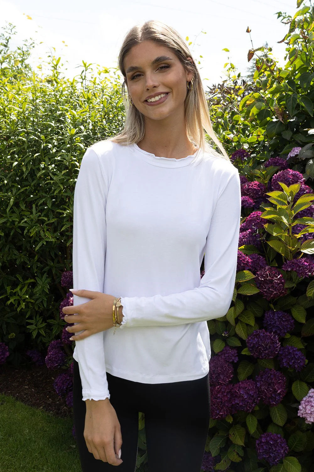 Seville Premium Modal Frill neck long sleeve top in Black or White