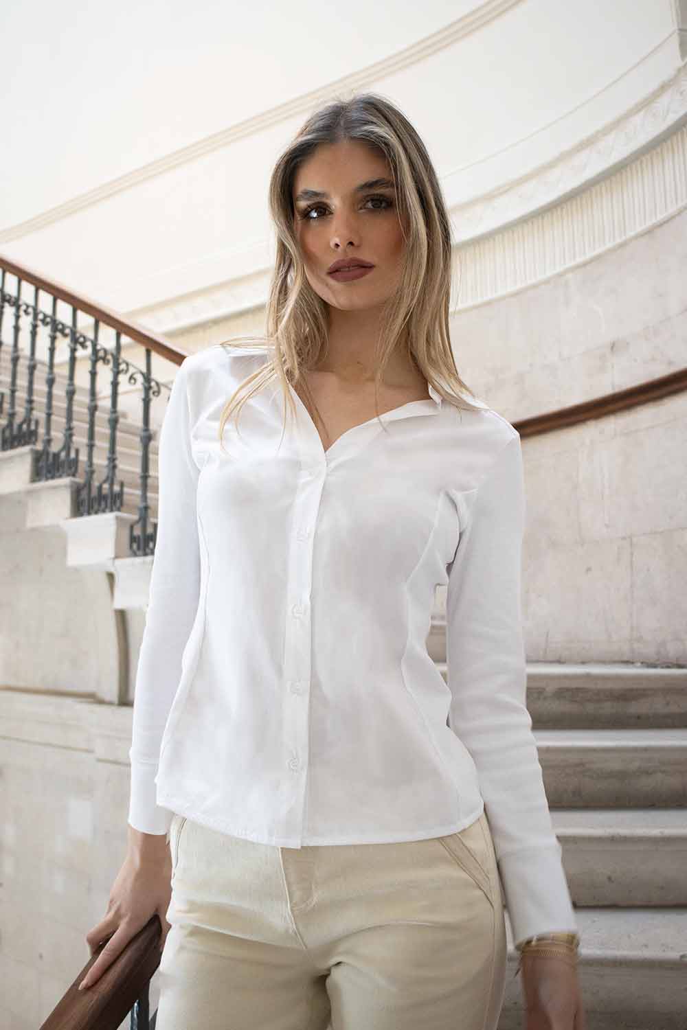 No2morrow Una White Cotton Shirt with Rib Detail