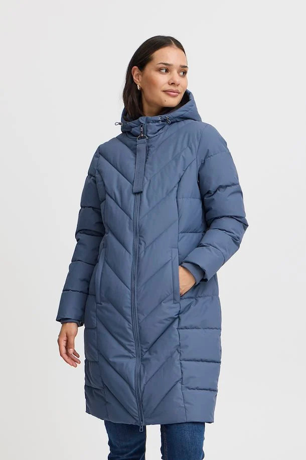 Fransa Blue Quilted Coat with hood and Zip pockets