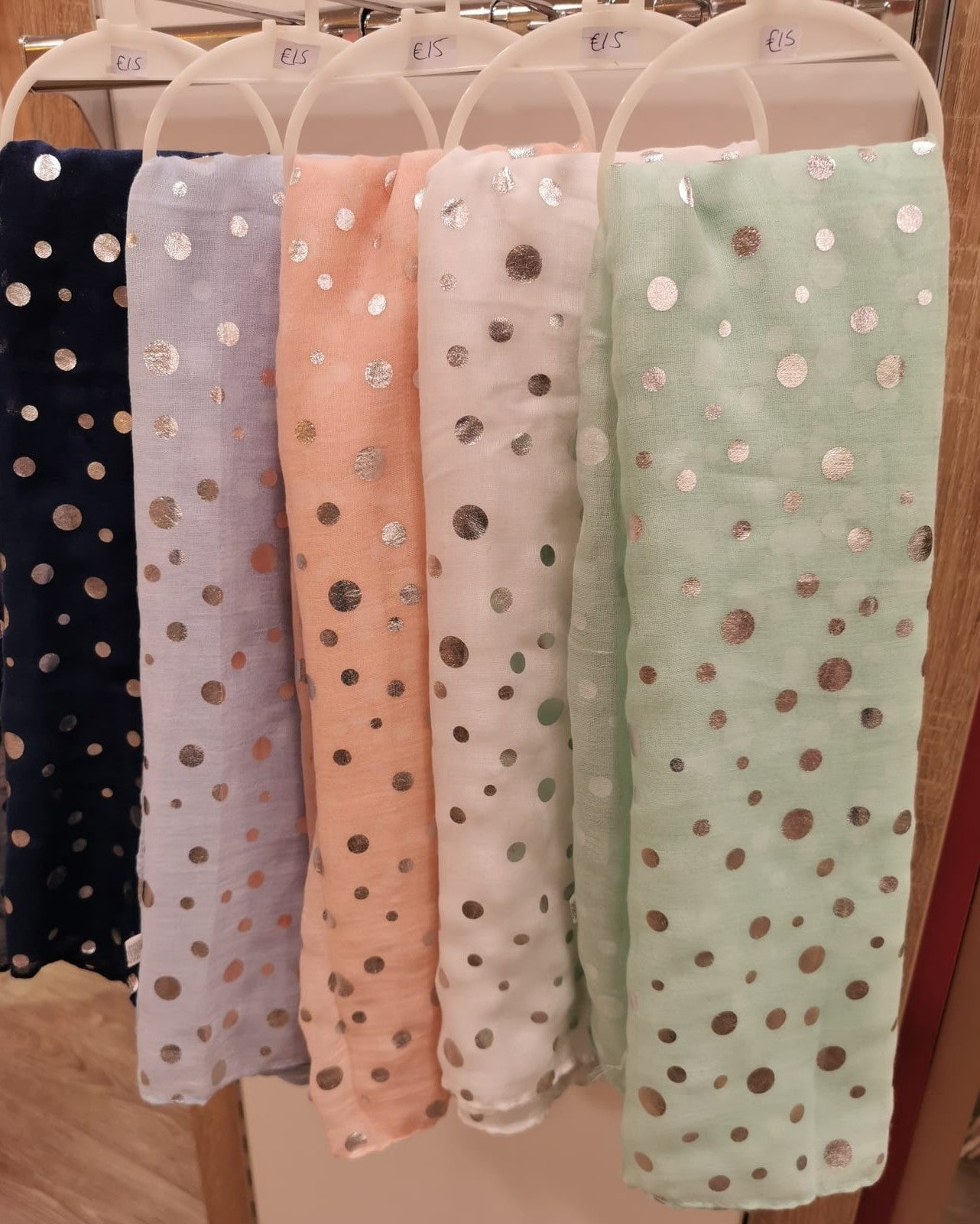 Cotton feel pastel summer scarf with polka dot foil print